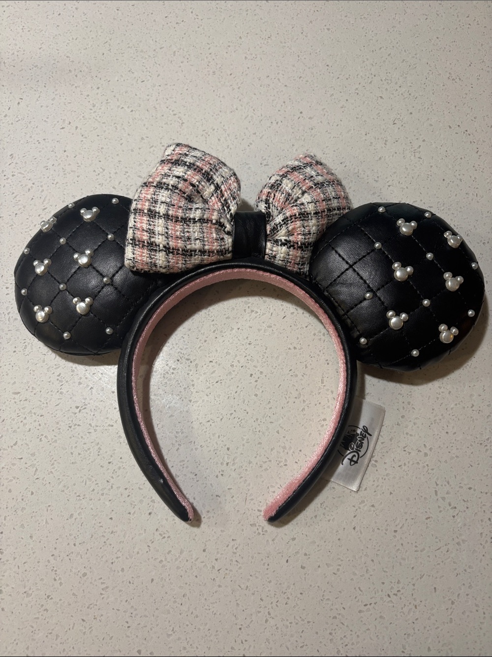 Disney Black Quilted Pearl Minnie Ears Headband with Pink Tweed Bow